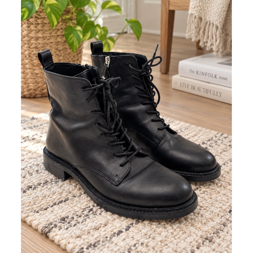 Sam Edelman Nina Black Leather Combat Boots Side Zip H2995L1001 Womens 5.5M